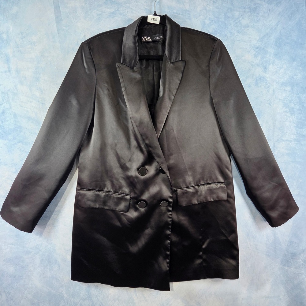 Zara Black Satin Double Breasted Blazer Jacket Womens Sm Longline‎ Tuxedo Style
